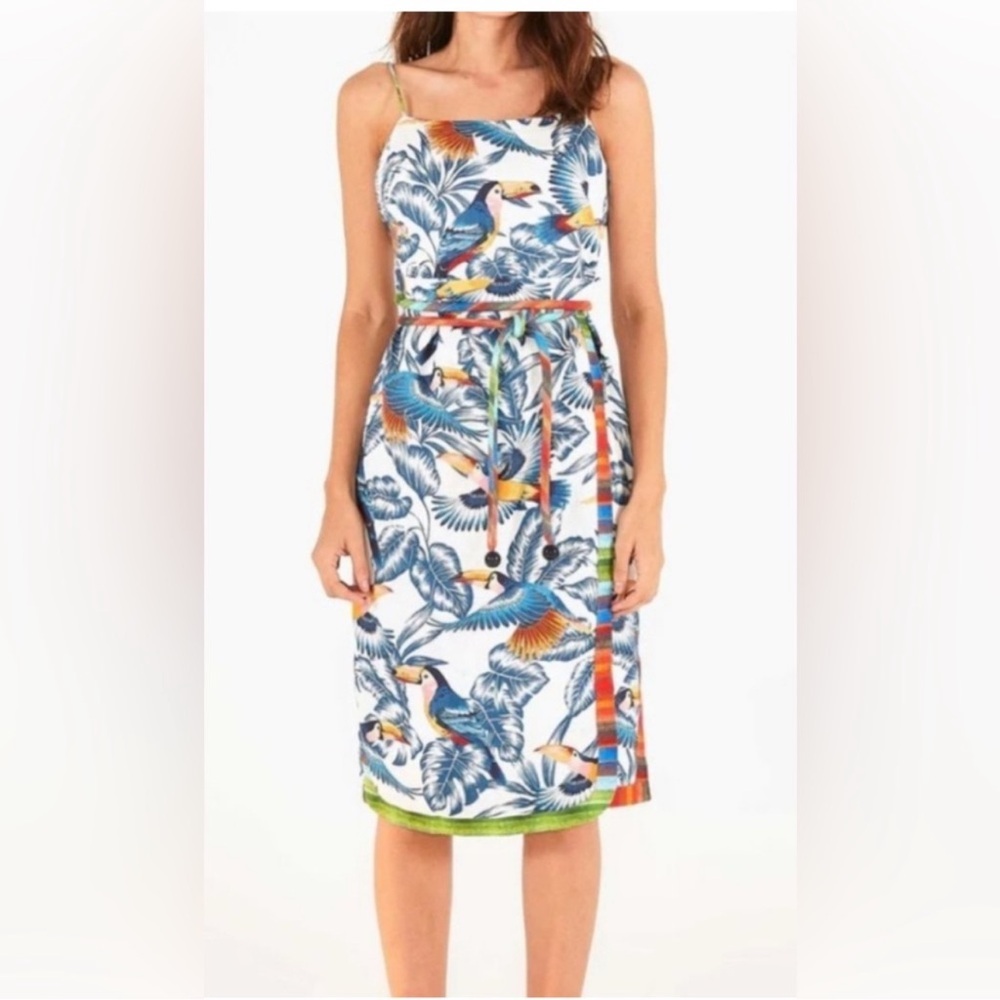 FARM Rio White Tropical Toucan Midi Dress with Blue, Green & Orange Accents